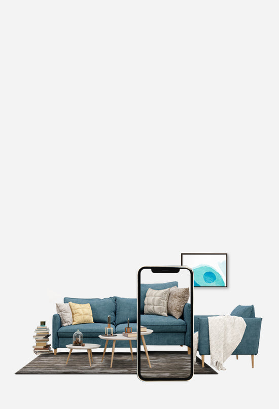 set of blue color sofa & a dark color carpet