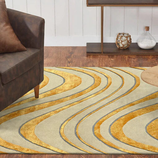 a carpet with yellow semi circle lines